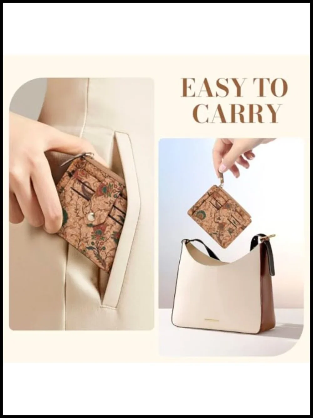 Floral Cork Card Holder Slim Wallet Multi-Compartment Zipper 10 Card Slots